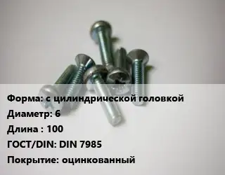 Винт с цилиндрической головкой 6х100 DIN 7985 оцинкованный